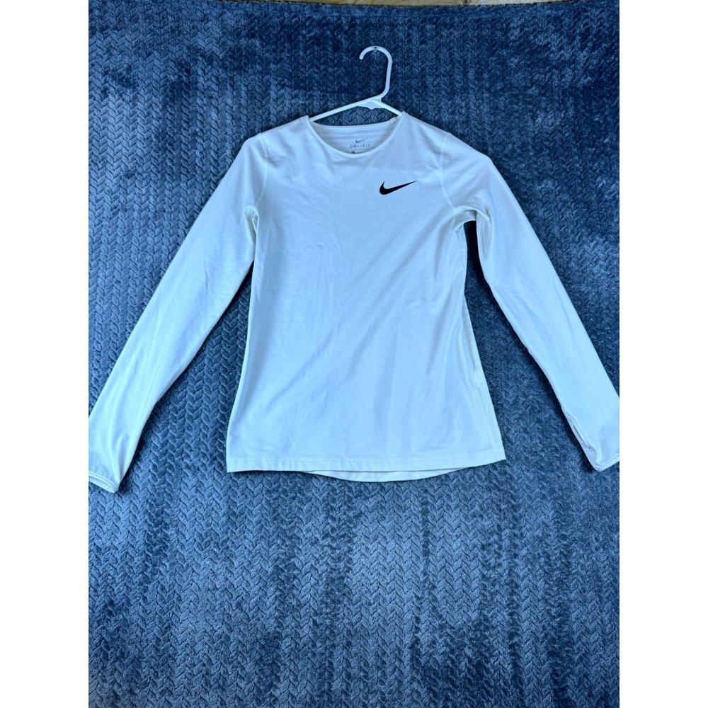 Nike Dri Fit Shirt Women L White Swoosh Logo Lightweight Long Sleeve Performance